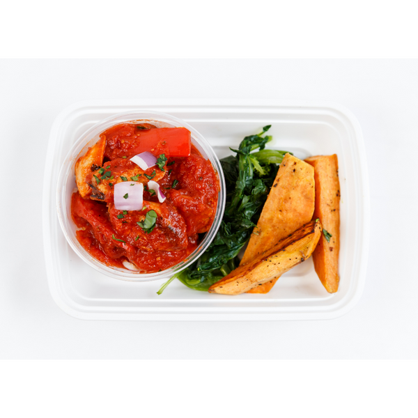 LC 4.6 Turkey Sausages and Peppers in a Spicy Tomato Sauce Served with Roasted Sweet Potato Potatoes & Rapini (GF, DF)