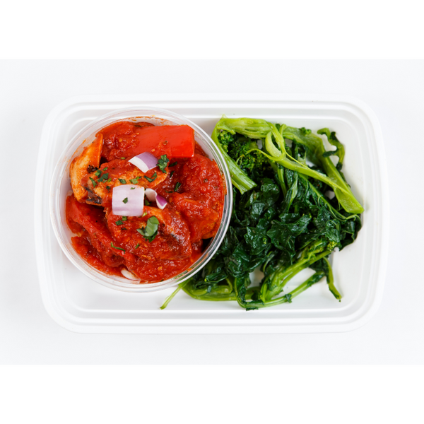 LL 4.6 Turkey Sausages and Peppers in a Spicy Tomato Sauce Served with Rapini (GF, DF)