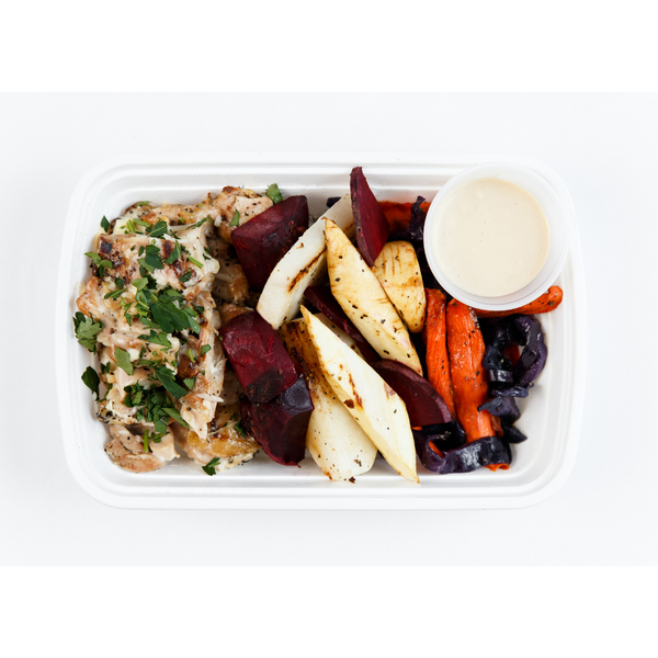 LL 4.2 Tahini Chicken Thighs with Roasted Root Vegetables and Sauteed Cabbage & Carrots (GF, DF)