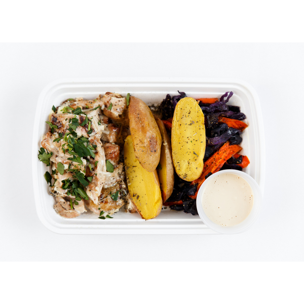 LC 4.2 Tahini Chicken Thighs with Roasted Potatoes and Sauteed Cabbage & Carrots (GF, DF)