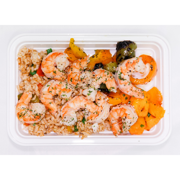 (LC 7.7)  Cajun Shrimp with Sautéed Zucchini, Yellow Squash, Peppers & Spanish Rice
