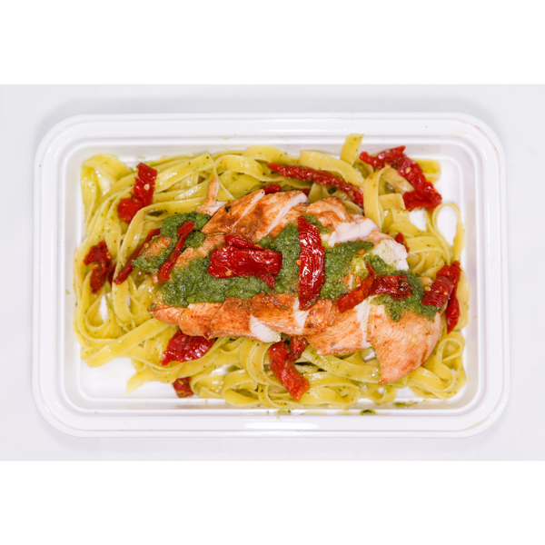 (LC 6.7) Pesto Pasta with Grilled Chicken and Sundried Tomatoes (GF) *not DF contains parmesan