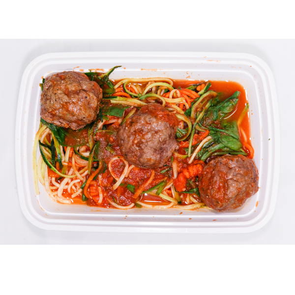 (LL  7.5)  Zoodles with Lean Beef & Spinach Meatballs Served with Tomato Sauce