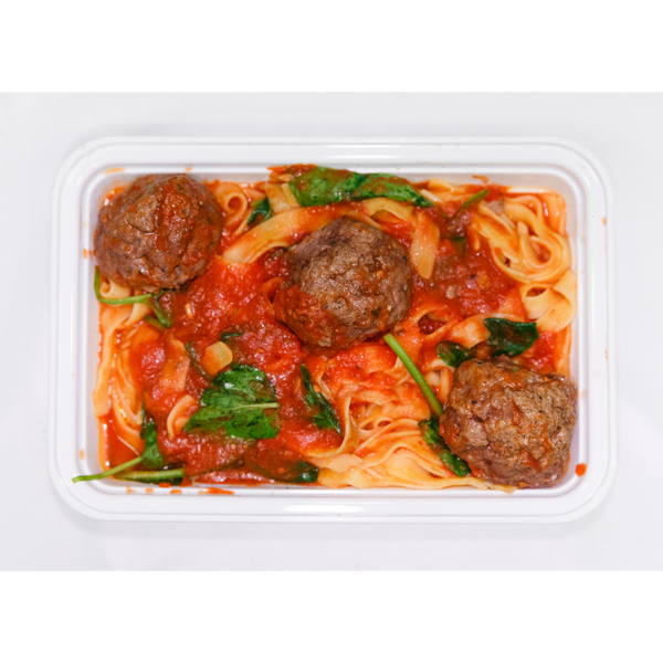 (LC 7.5)  Gluten-Free Spaghetti & Lean Beef & Spinach Meatballs Served with Tomato Sauce