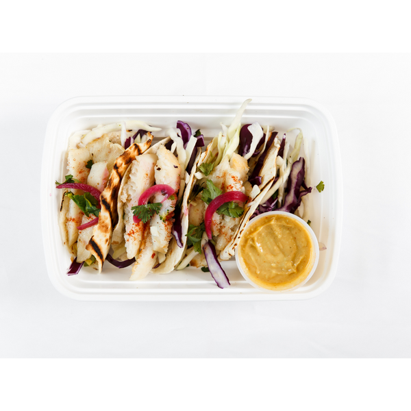 (LC 1.4) Fish Tacos with Cabbage Slaw & Avocado Sriracha Crema