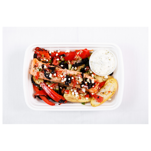(LC 3.3) Greek Salmon with Roasted Potatoes and Grilled Vegetables. Served with Greek yogurt Tzatziki