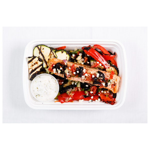 LL 3.3 Greek Salmon with Grilled Vegetables. Served with Greek yogurt tzatziki (GF)