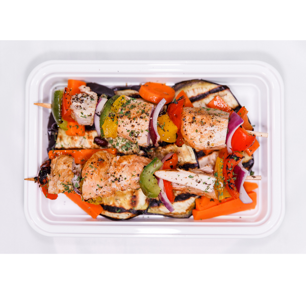 (LL  7.2)  Mediterranean Herbed Chicken Skewers with Grilled Eggplant & Mediterranean Salad